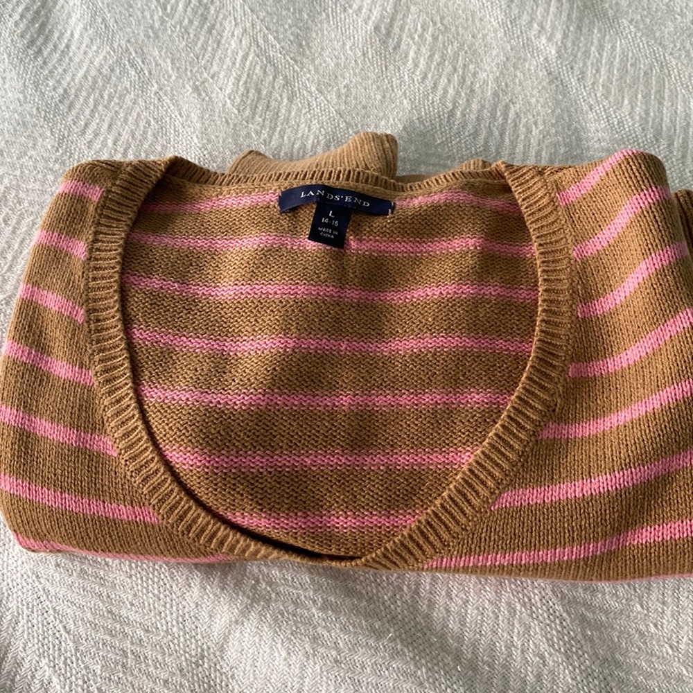 Lands’ End striped, brown/ pink sweater long sleeves New No Tags size L 14-16